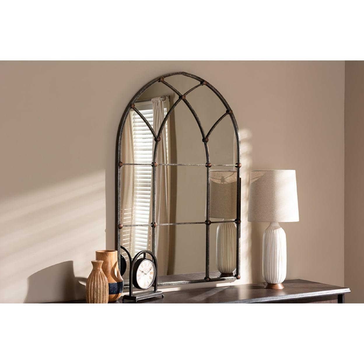 Antique Silver Arched Window-Inspired Wall Mirror with Leather Accents