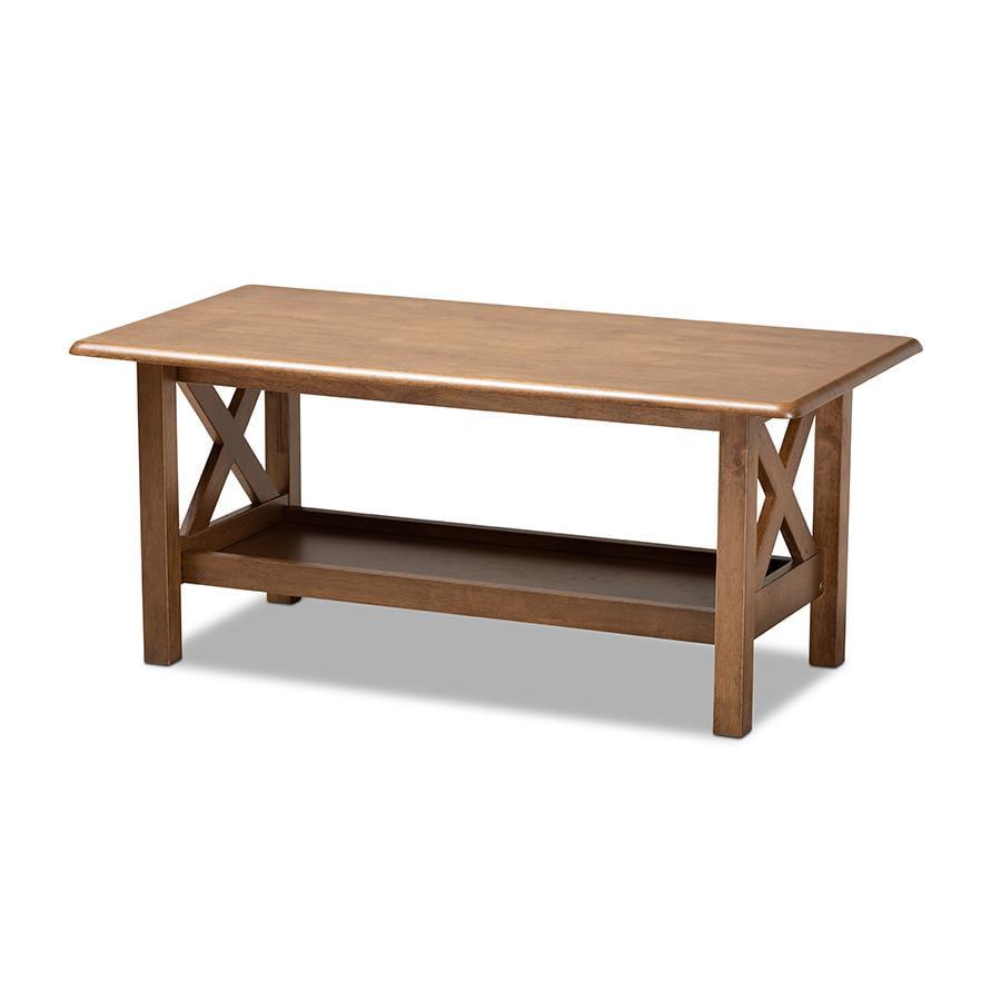 Walnut Brown Rectangular Solid Wood Coffee Table with Shelf