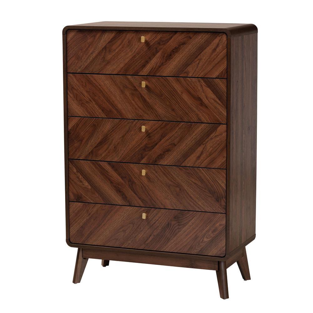 Walnut Brown Mid-Century Modern 5-Drawer Storage Chest