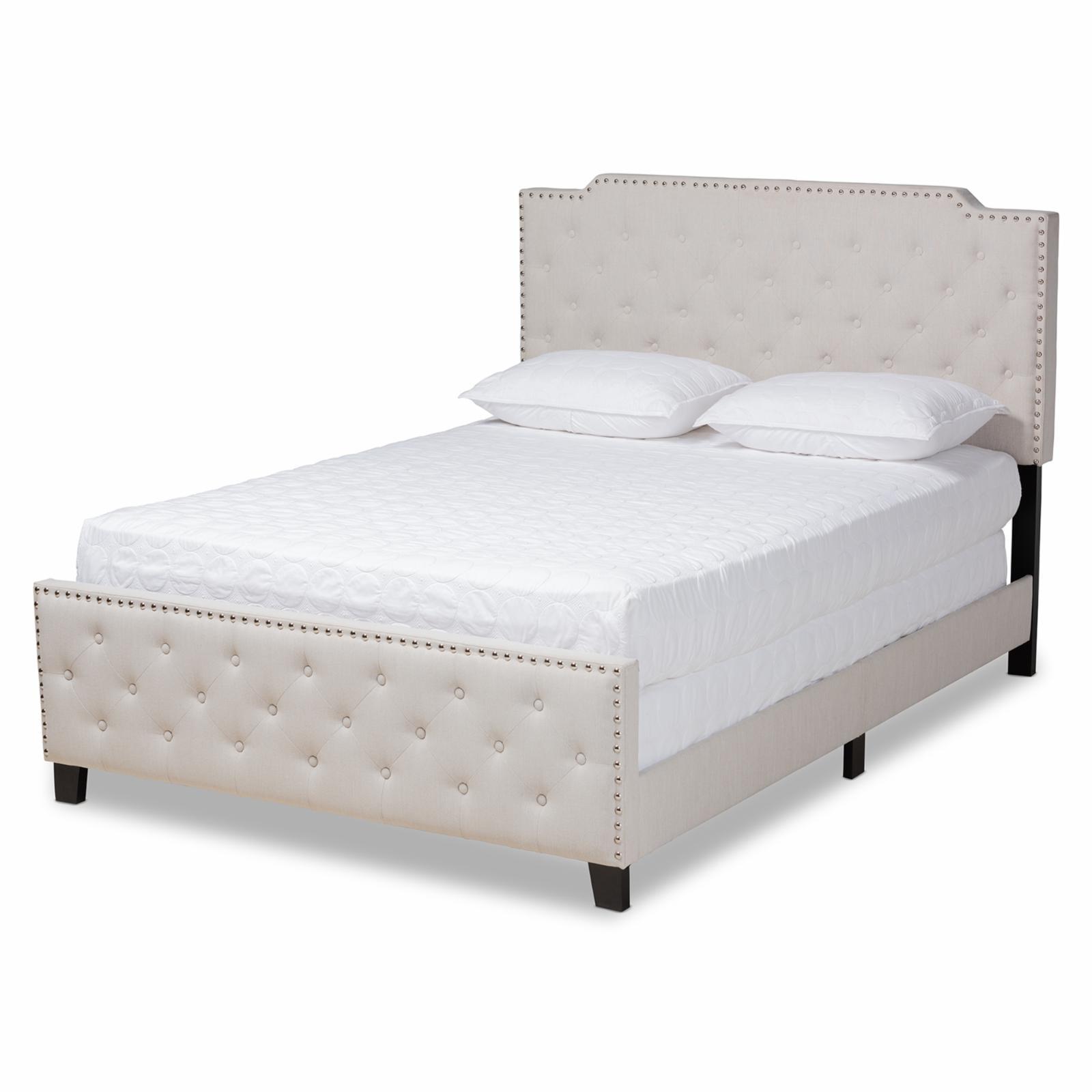 Beige Queen Upholstered Wood Bed with Tufted Headboard