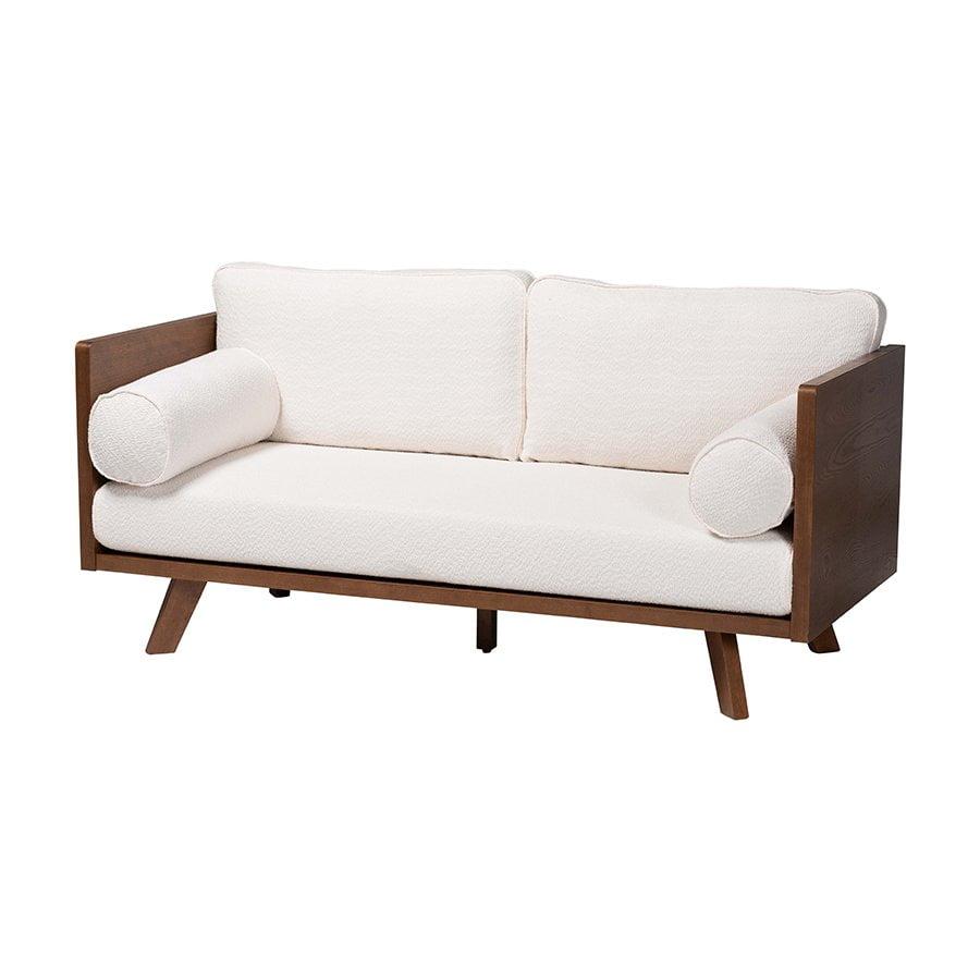 Mid-Century Modern Cream Boucle Fabric 2-Seat Sofa with Wood Frame