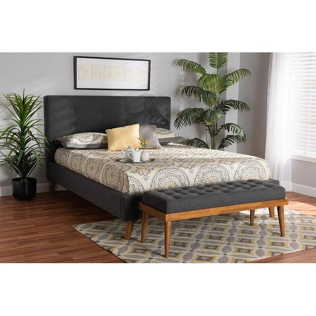 Baxton Studio Valencia Mid-Century Modern Dark Grey Fabric Upholstered Queen Size 2-Piece Bedroom Set