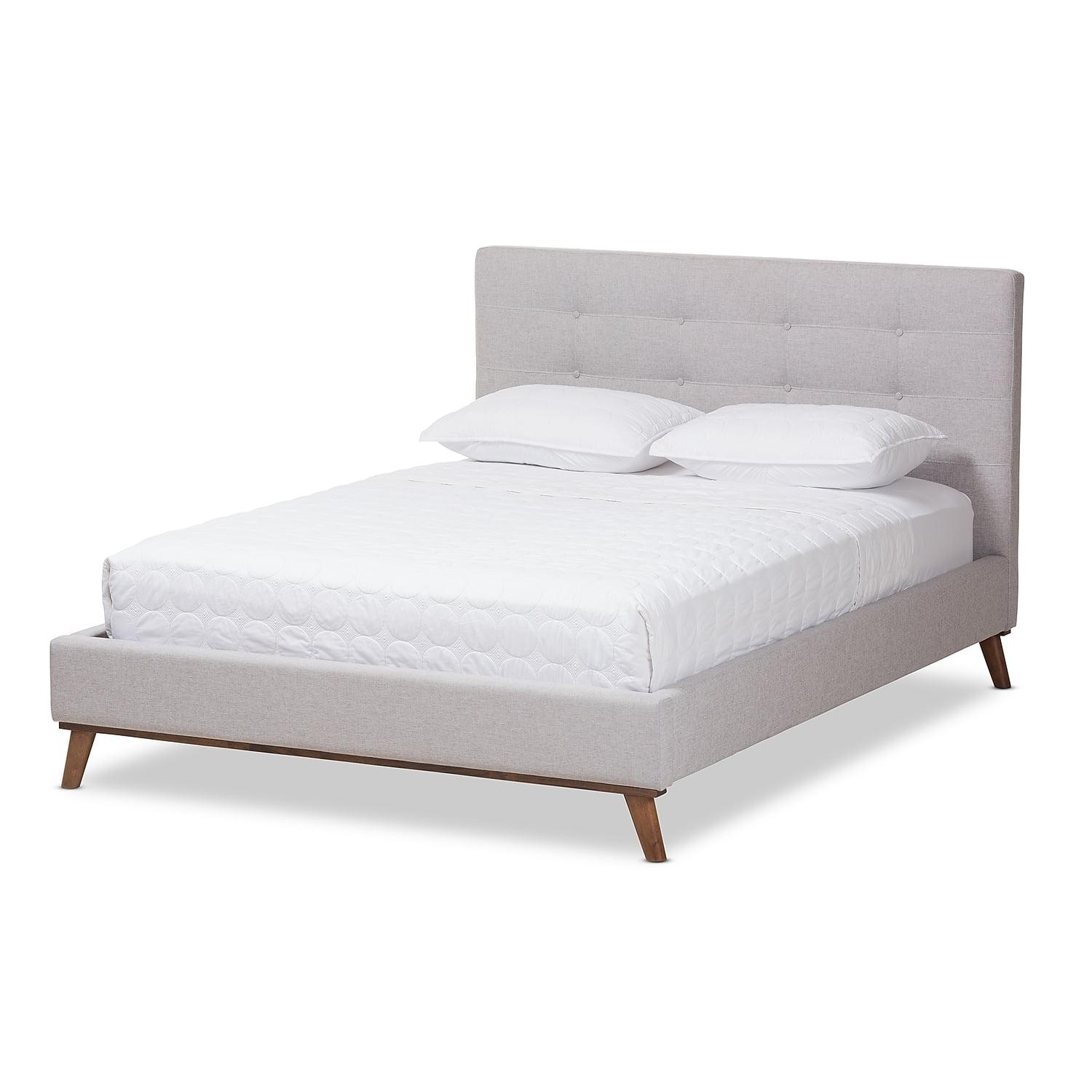 Valencia Queen-Sized Greyish Beige Tufted Upholstered Bed with Walnut Legs