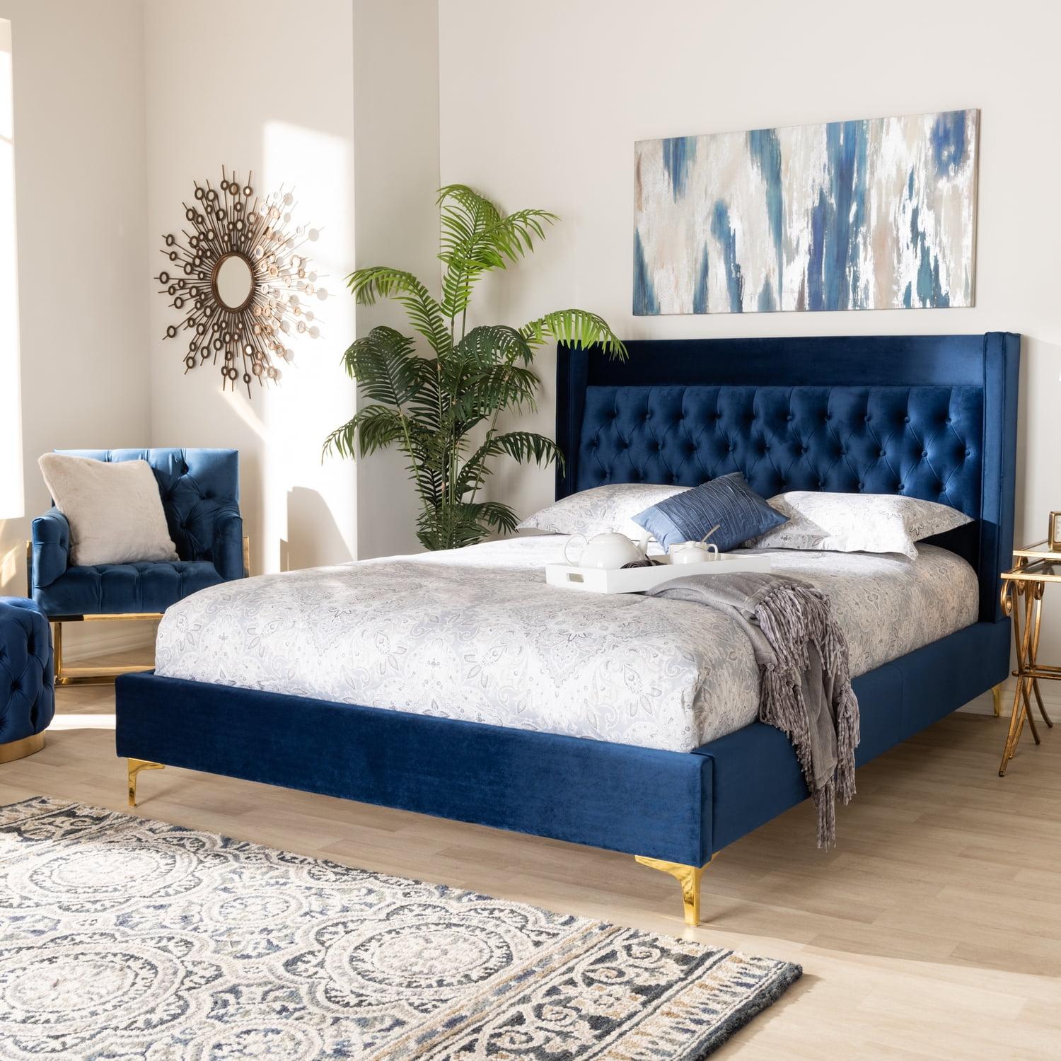 Valery Queen Blue Velvet Tufted Upholstered Platform Bed