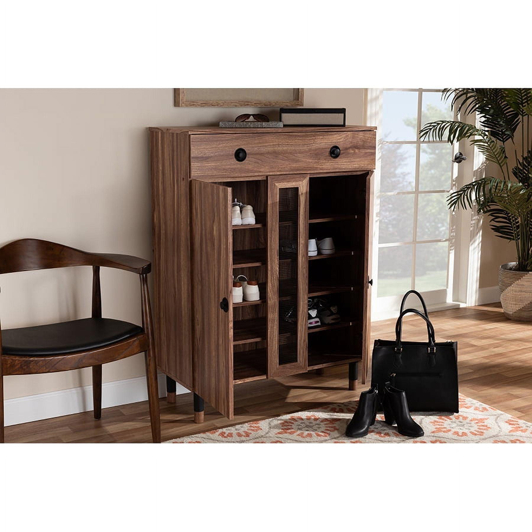 Oak-Black 2-Door Wood Shoe Storage Cabinet with Drawer