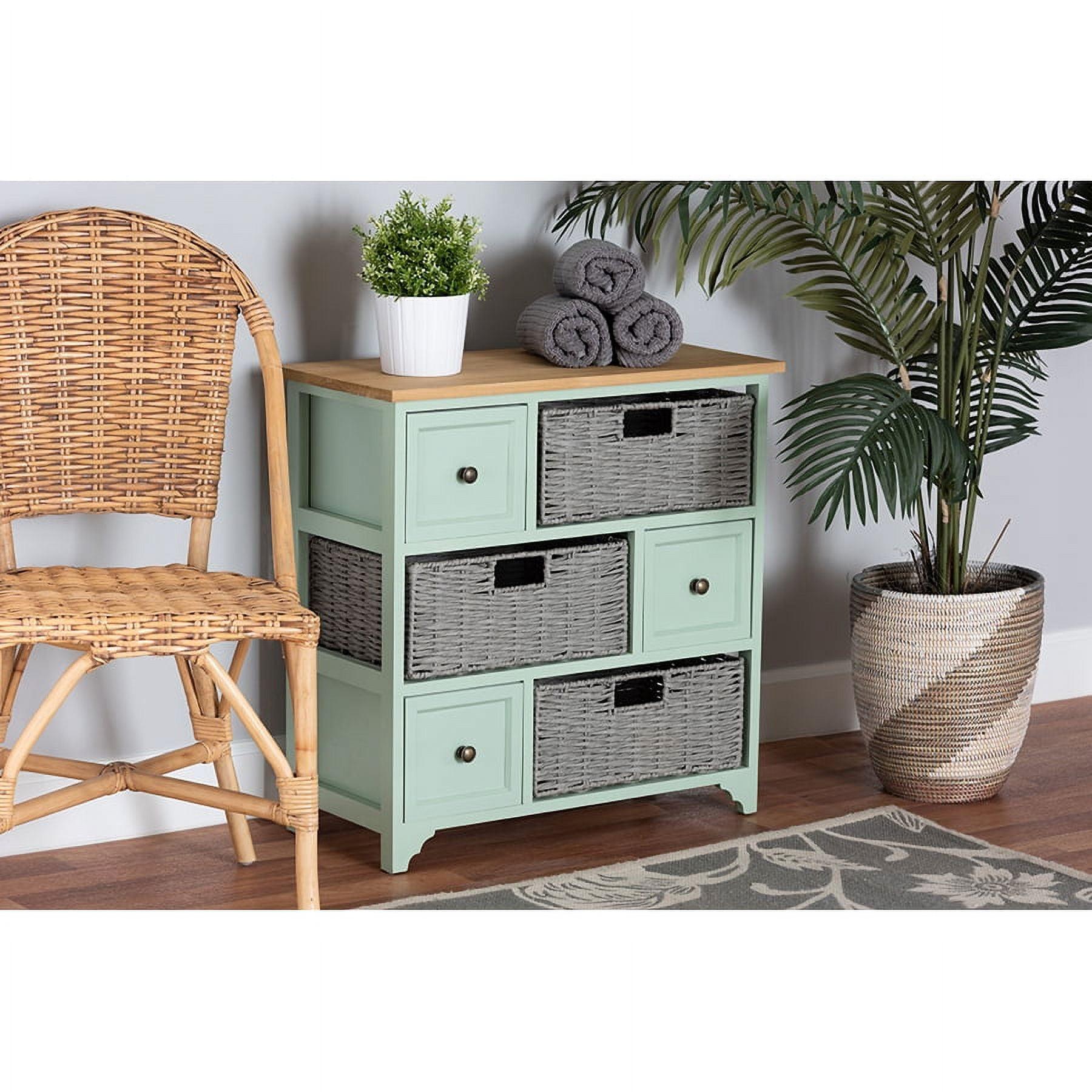 Valtina Two-Tone Wood 3 Drawer Storage Unit with Baskets Oak Brown/Gray/Mint Green - Baxton Studio