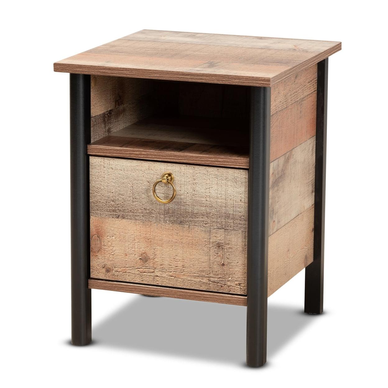 Vaughan Rustic Oak and Black Wood Nightstand with Gold-Tone Pull