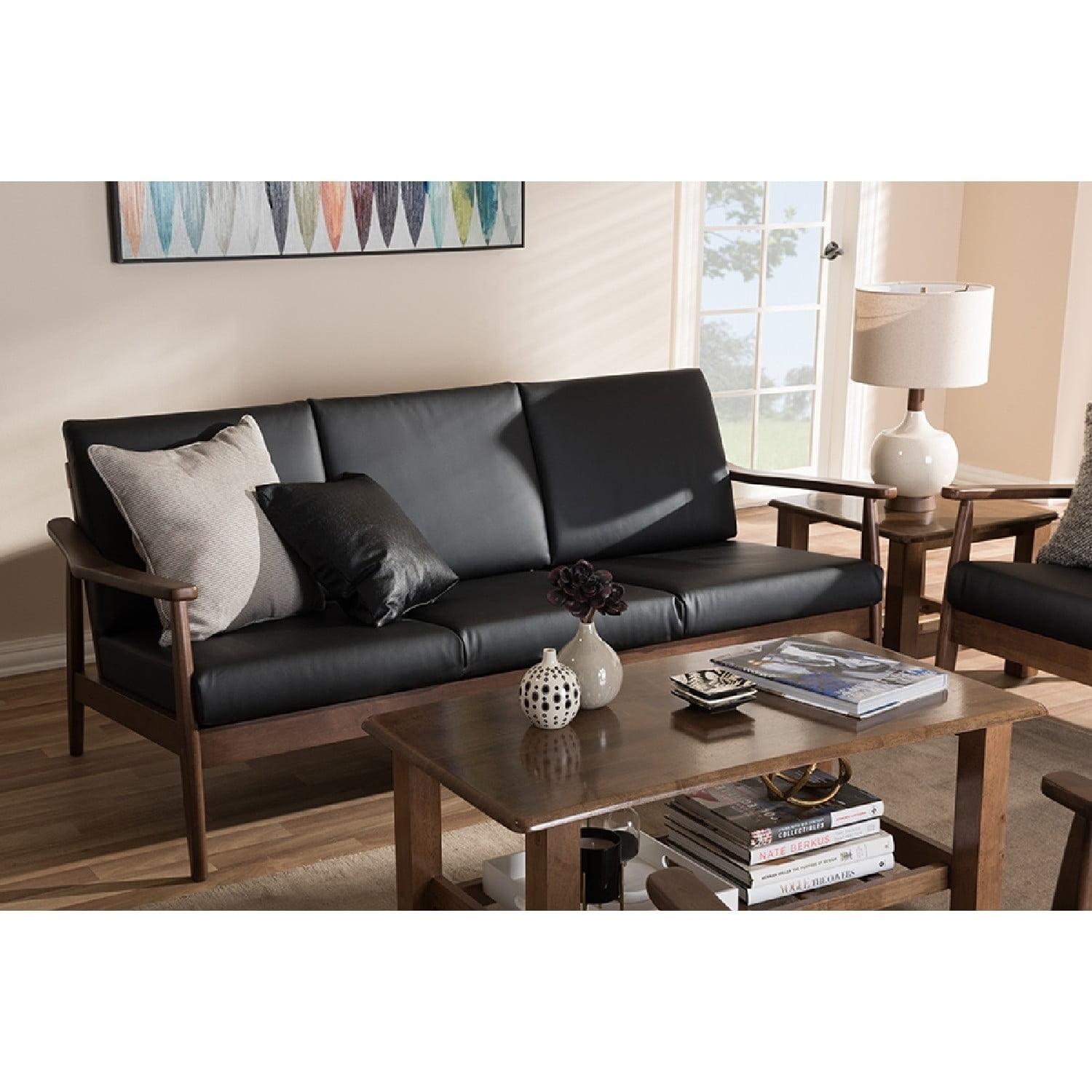 Venza Mid-Century Modern Black Faux Leather Walnut Wood 3-Seater Sofa