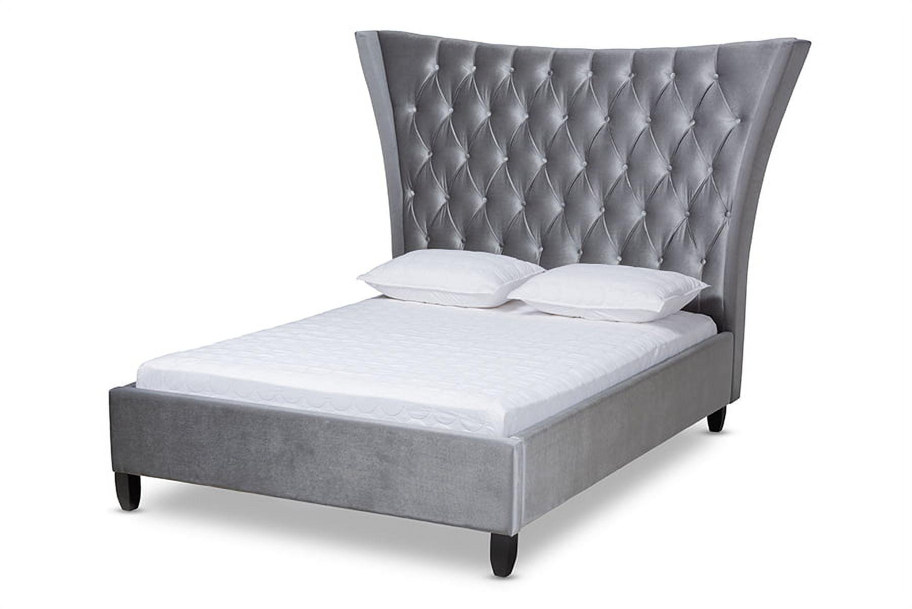 Grey Velvet Queen Bed with Tall Tufted Wingback Headboard