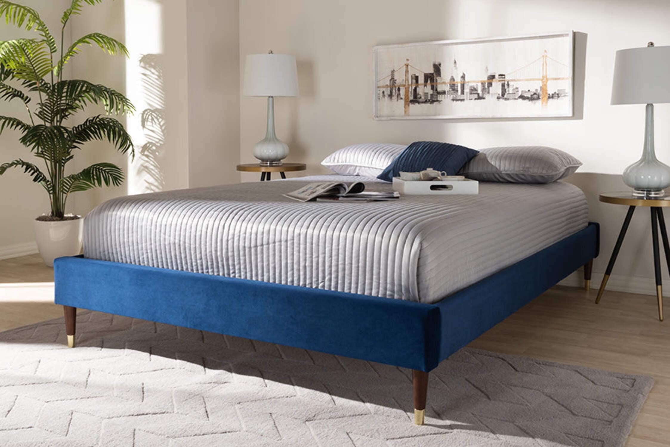 Baxton Studio Volden Velvet Platform Queen Bed with Tapered Legs and Gold Tips, Navy Blue