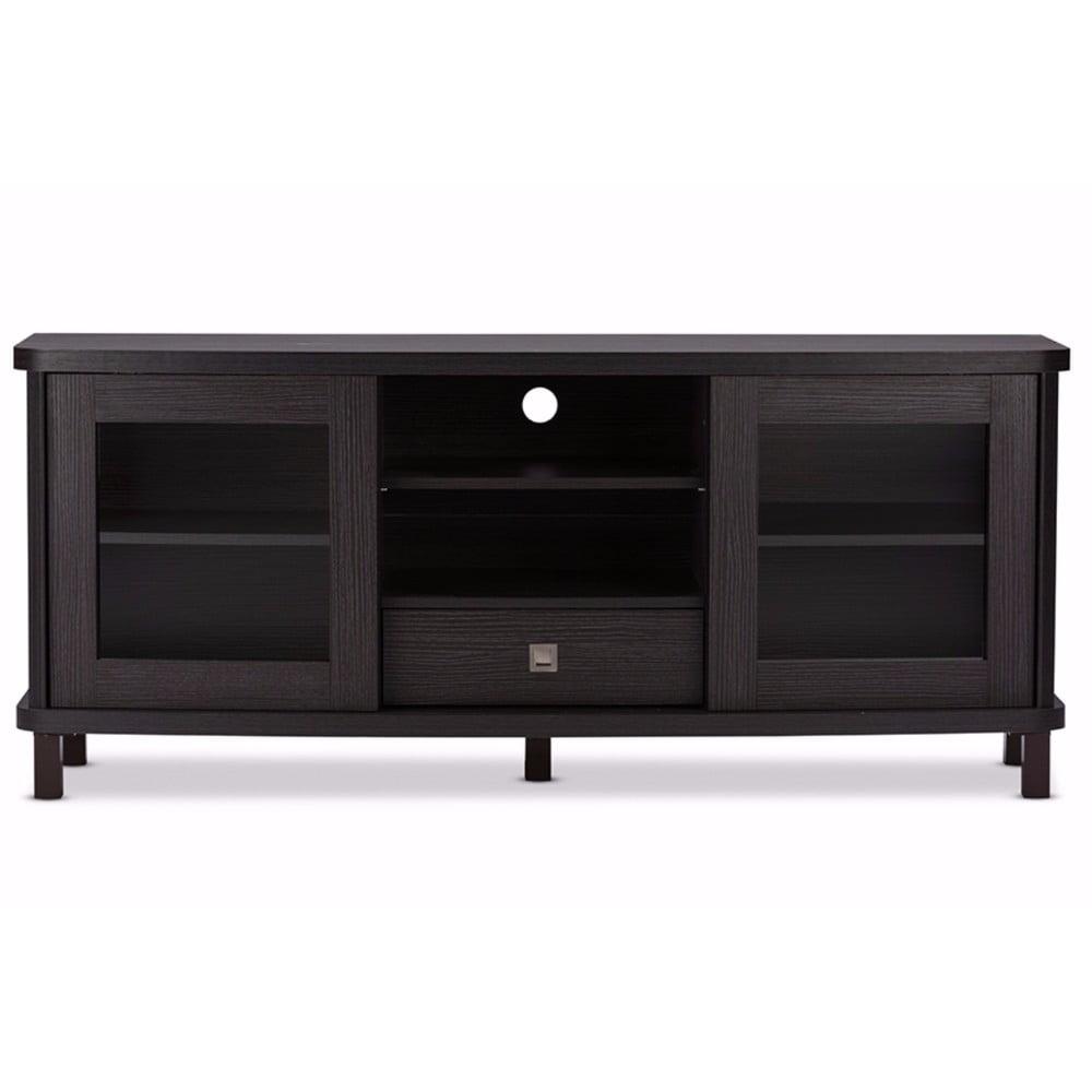 Walda Wood Cabinet with 2 Sliding Doors and 1 Drawer TV Stand for TVs up to 60" Dark Brown/Gray - Baxton Studio