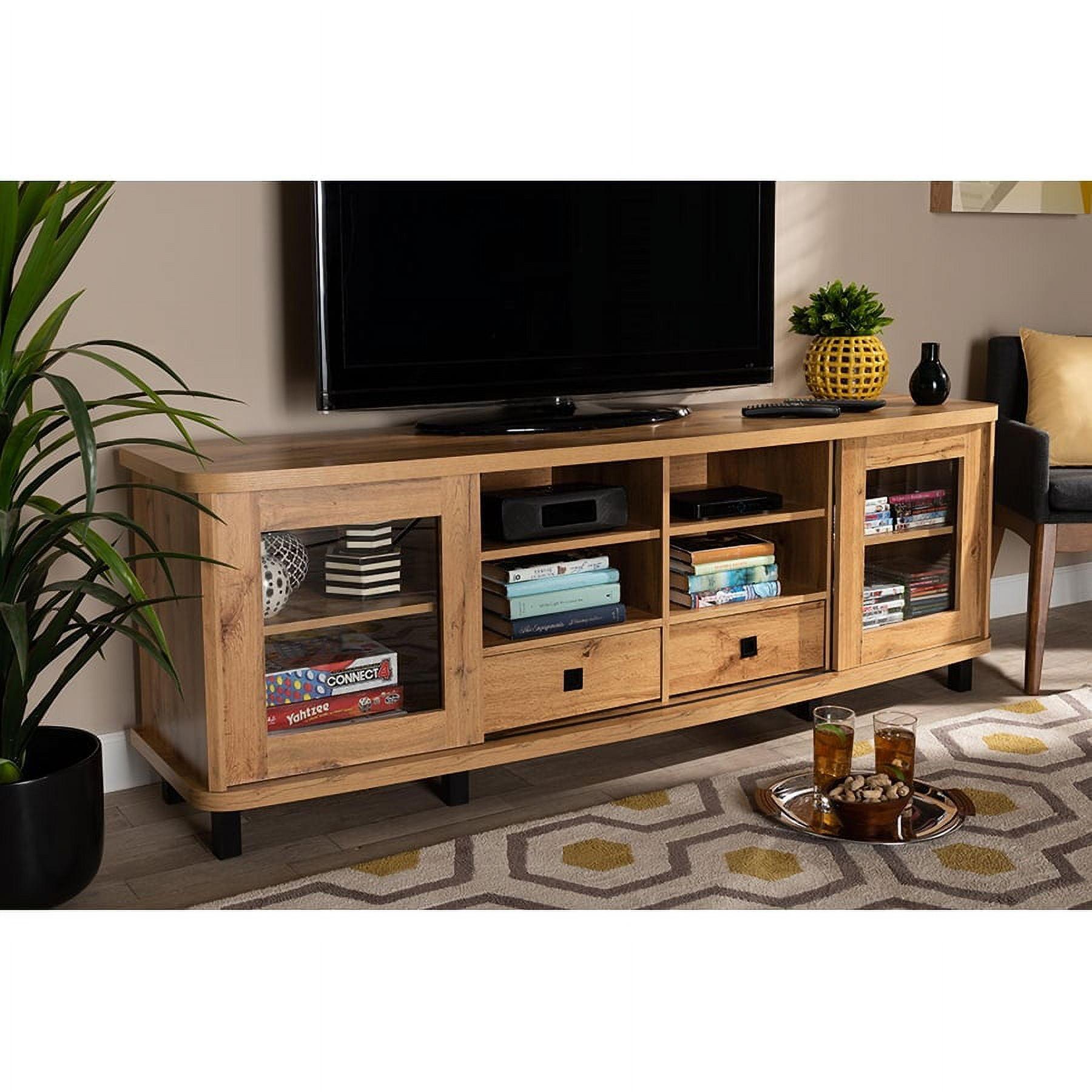 Oak Brown Wood TV Stand with Glass Doors and Drawers