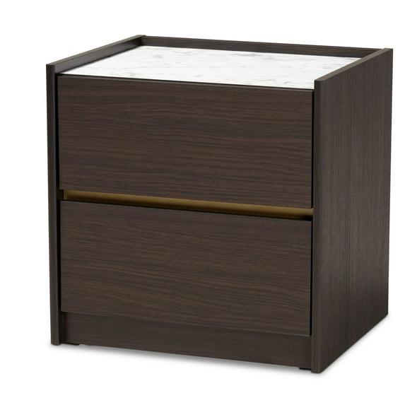 Walker Wood Nightstand: Faux Marble Top, Gold Accents, 2 Drawers - Baxton Studio
