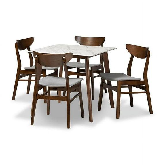 Baxton Studio Walnut Brown 5 Piece Dining Set with Faux Marble and Gray Seats