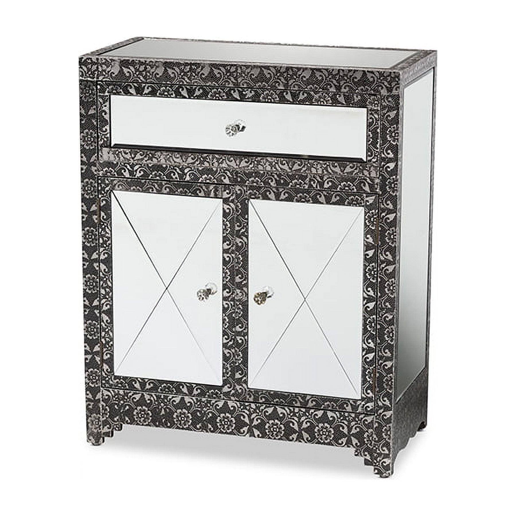 Wycliff Metal and Mirrored Glass 1 Drawer Sideboard Buffet Dark Gray/Silver - Baxton Studio: Embossed Trim, Fully Assembled