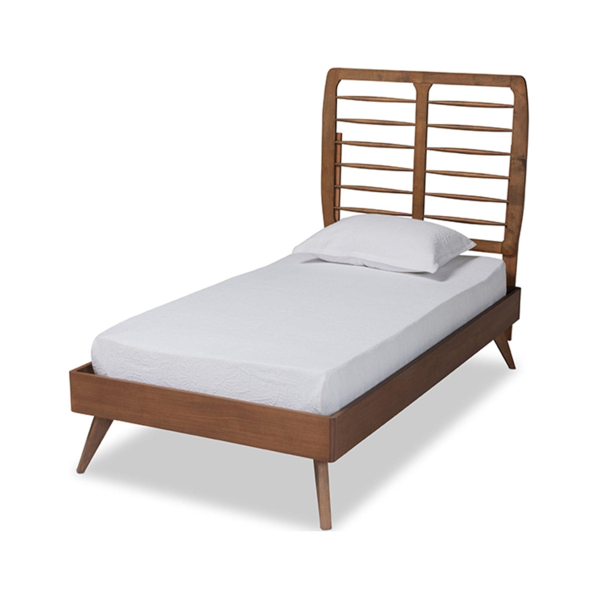 Walnut Brown Twin Platform Bed with Tufted Wood Headboard