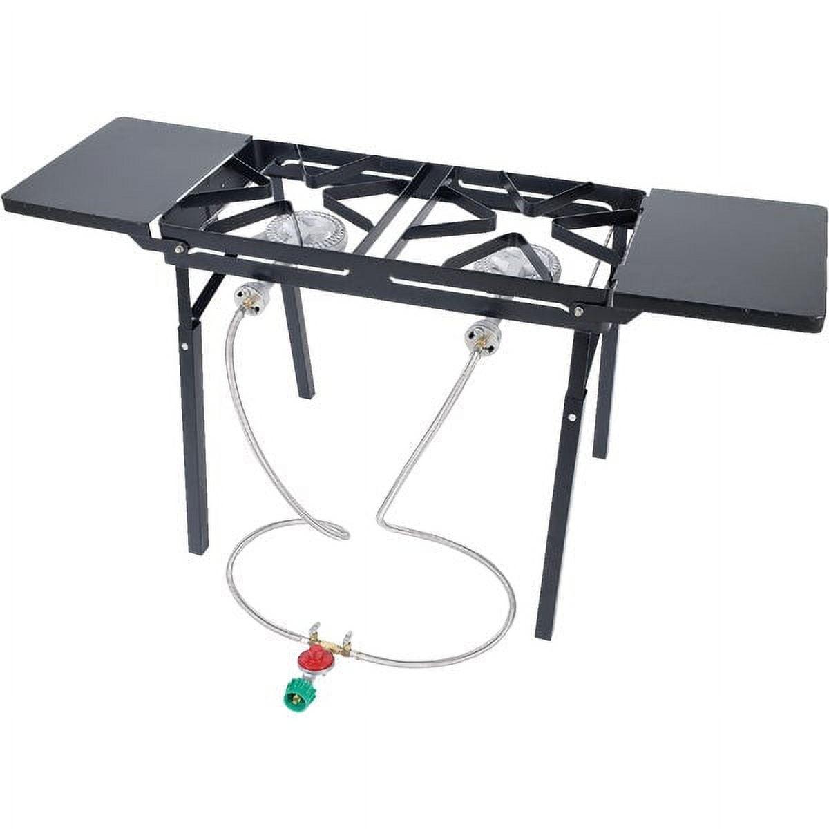 Black Steel Dual Burner Outdoor Patio Stove with Side Shelves