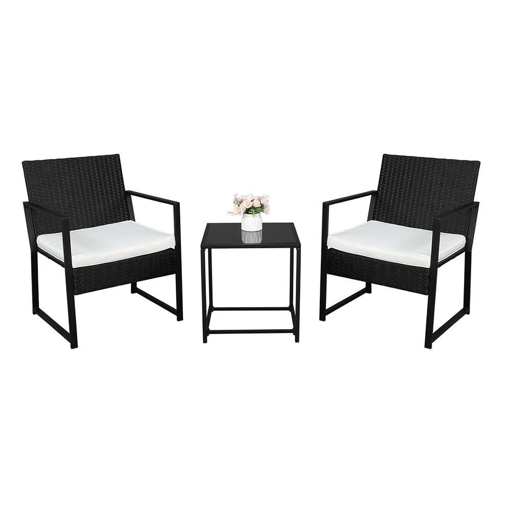 Black Steel and Wicker 3-Piece Patio Bistro Set with Beige Cushions