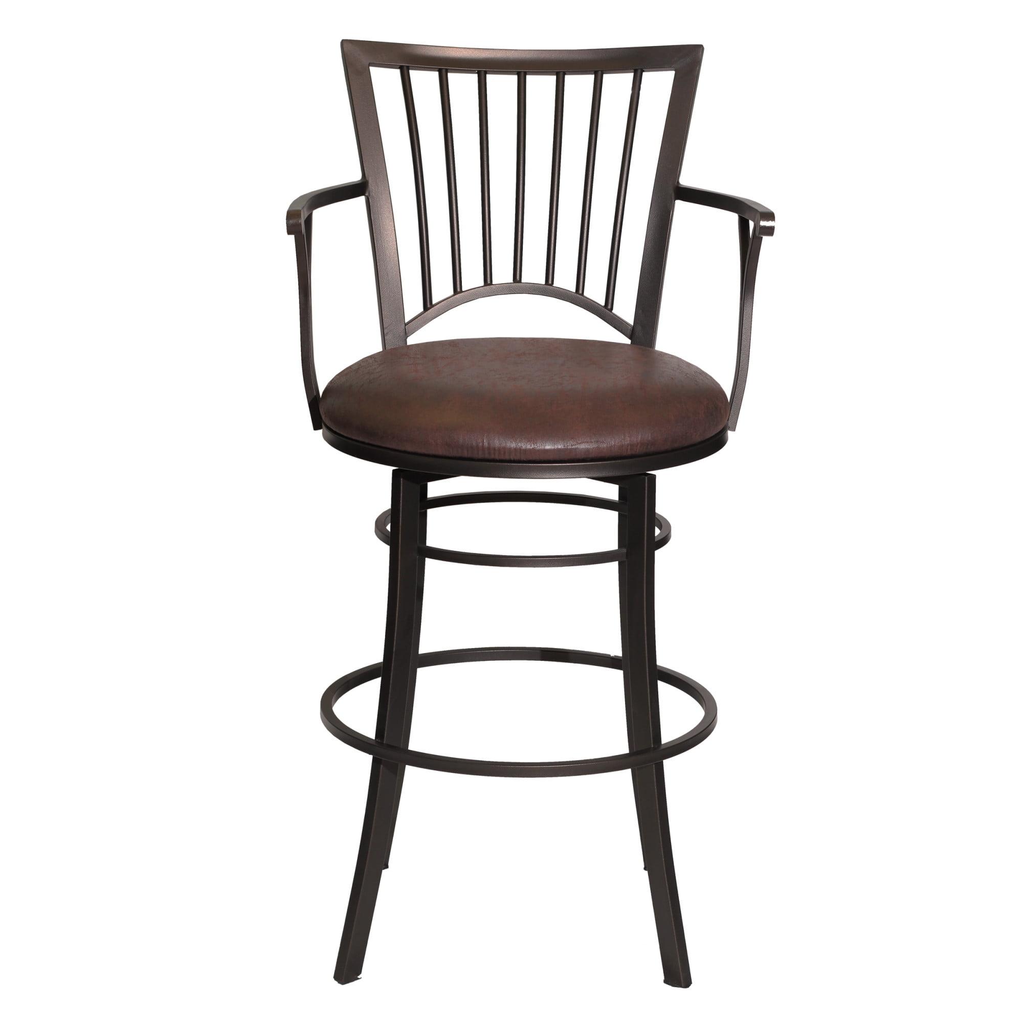 Transitional Brown Leather and Metal Swivel Barstool