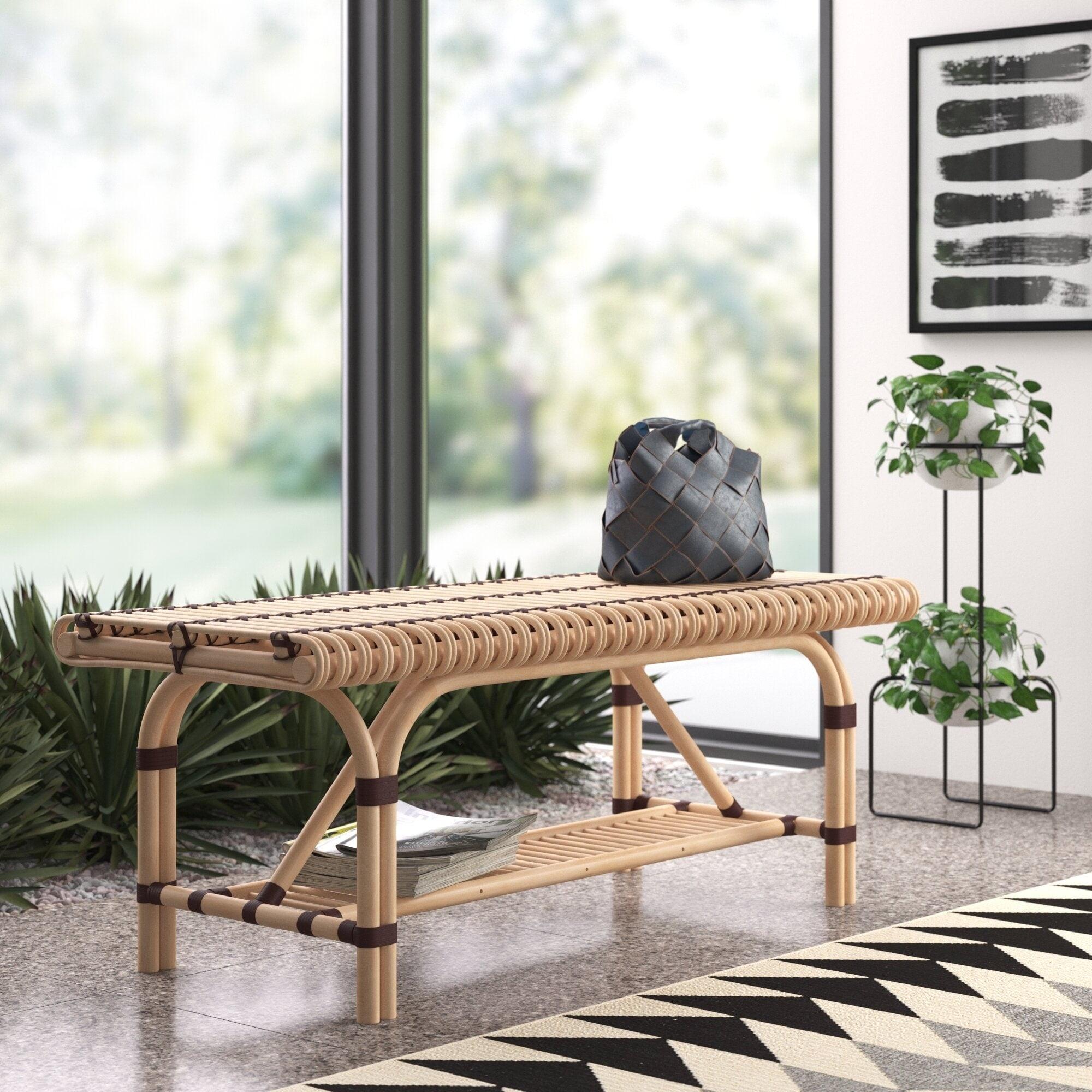 Natural Black Rattan Bedroom Bench with Shelf, 47"