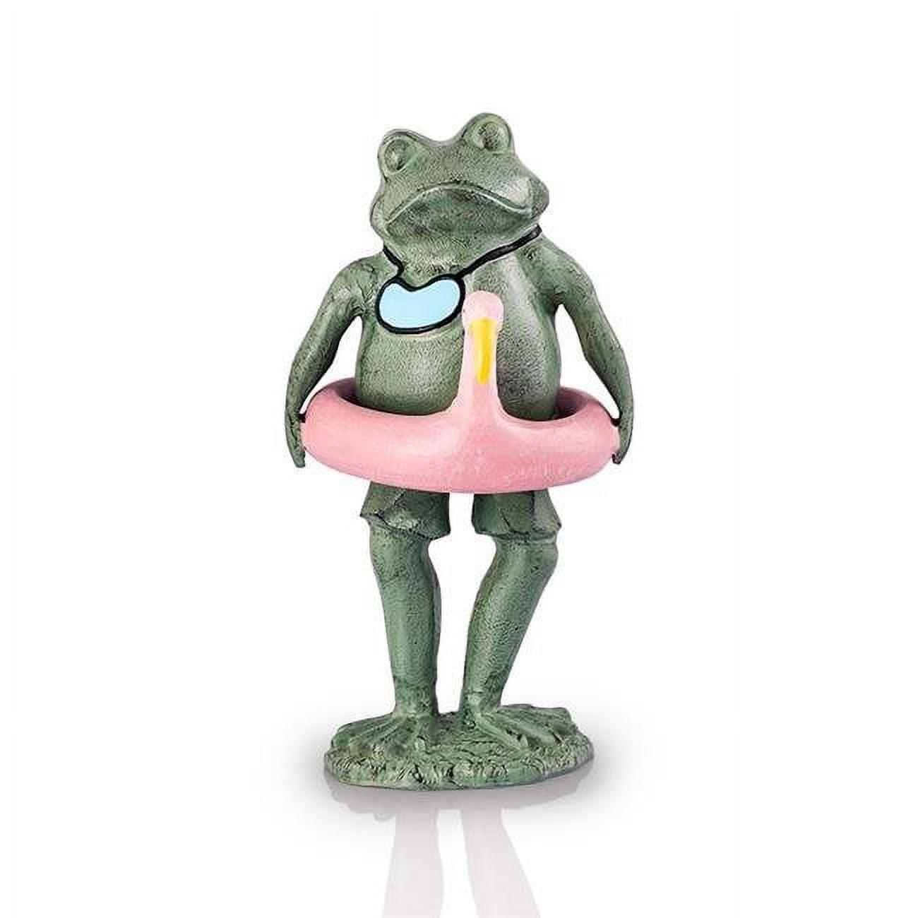 Verdigris Green Frog with Pink Float Garden Sculpture