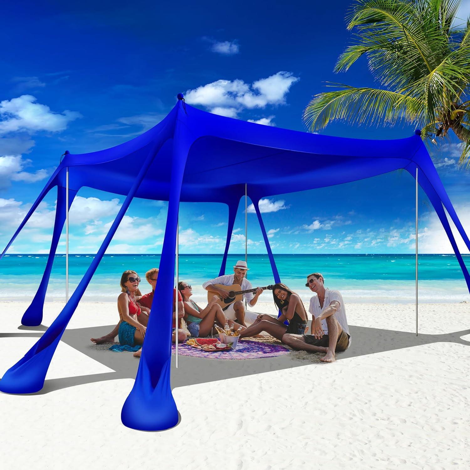 Beach Canopy Beach Tent Pop Up Shade 10x10ft Sun Shelter UPF50+ with 8 Sandbags-2 Sand Shovel-4 Aluminum Poles-Ground Pegs-Portable Carrying Bag for Outdoor Family Camping Fishing Yard Picnic