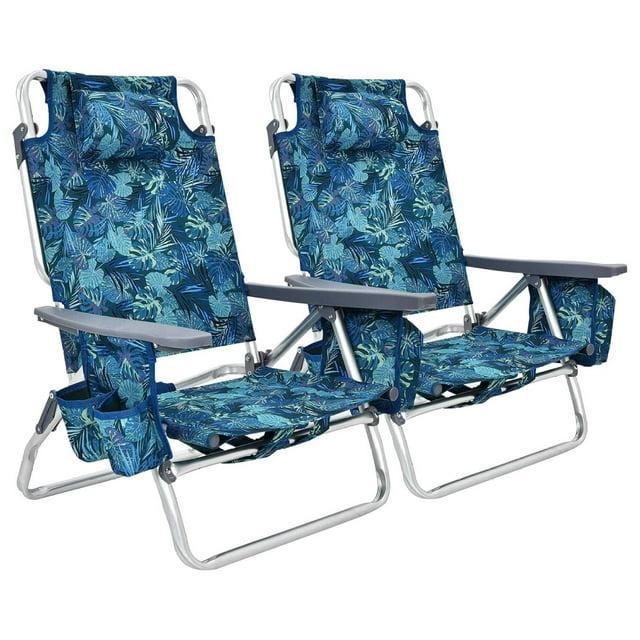 Topcobe 2-Pack Folding Backpack Beach Chair 5-Position Outdoor Reclining Chairs with Pillow, Foldable Outdoor Patio Chair for Deck, Backyard, Navy