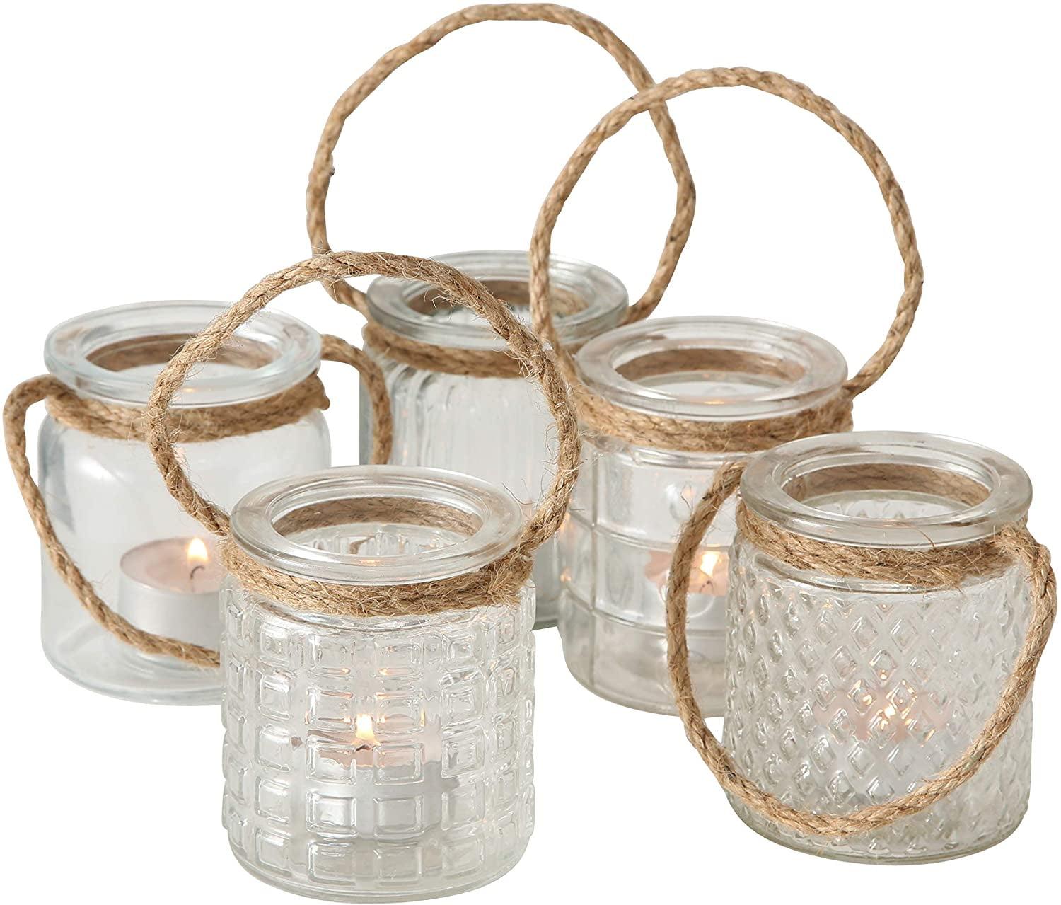 Beach Chic Nautical Rope Hurricane Lamps, Clear Glass Candle Holder, for LED or Wax Votive, Pillar or Tealights, Wind Light, Set of 5, 2 3/4 x 2 3/4 x 3 1/2 Inches