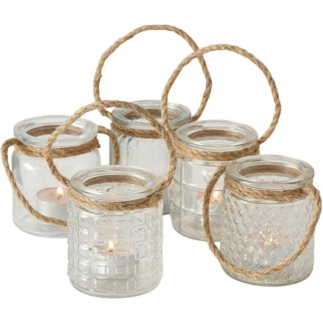 Beach Chic Nautical Rope Hurricane Lamps, Clear Glass Candle Holder, for LED or Wax Votive, Pillar or Tealights, Wind Light, Set of 5, 2 3/4 x 2 3/4 x 3 1/2 Inches