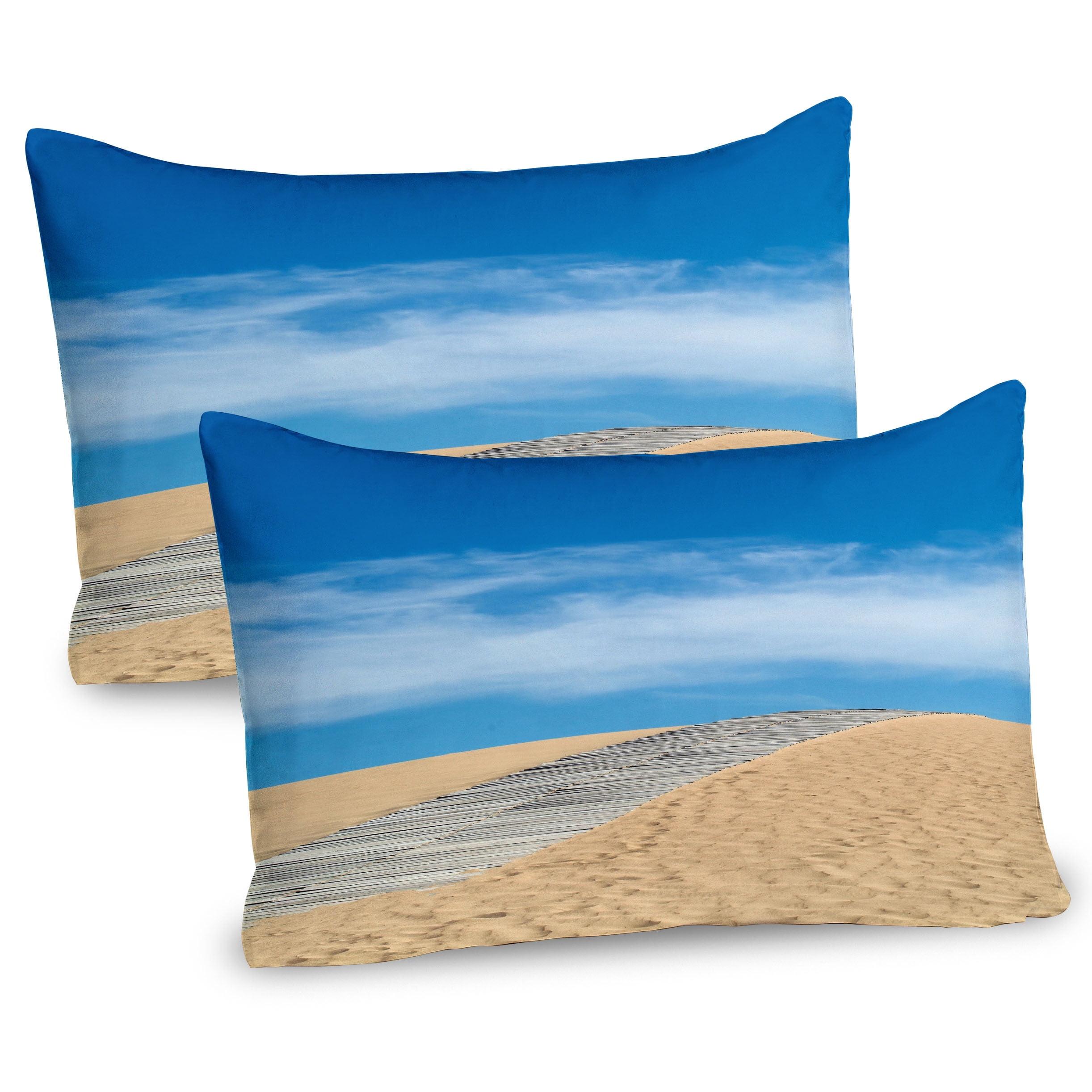 Cream Blue Microfiber Beach Path Pillow Sham Set