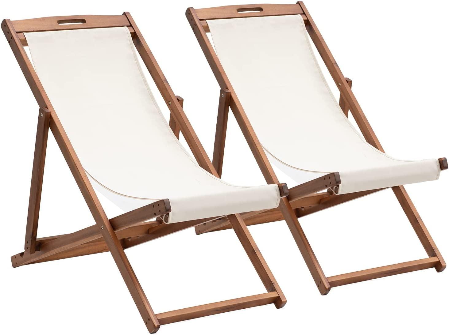 Set of 2 White Canvas and Wood Folding Beach Chairs