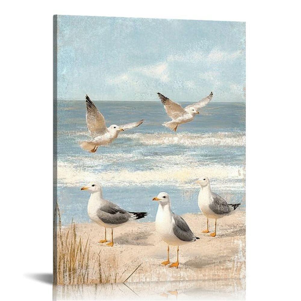 ARTZON Beach Wall Art Bathroom Decor Ocean Theme Canvas Print Coastal Painting Perching Bird by The Sea Shore Abstract Seascape Picture Framed Artwork for Bedroom Living Room Office Ready to Hang 12x16inch