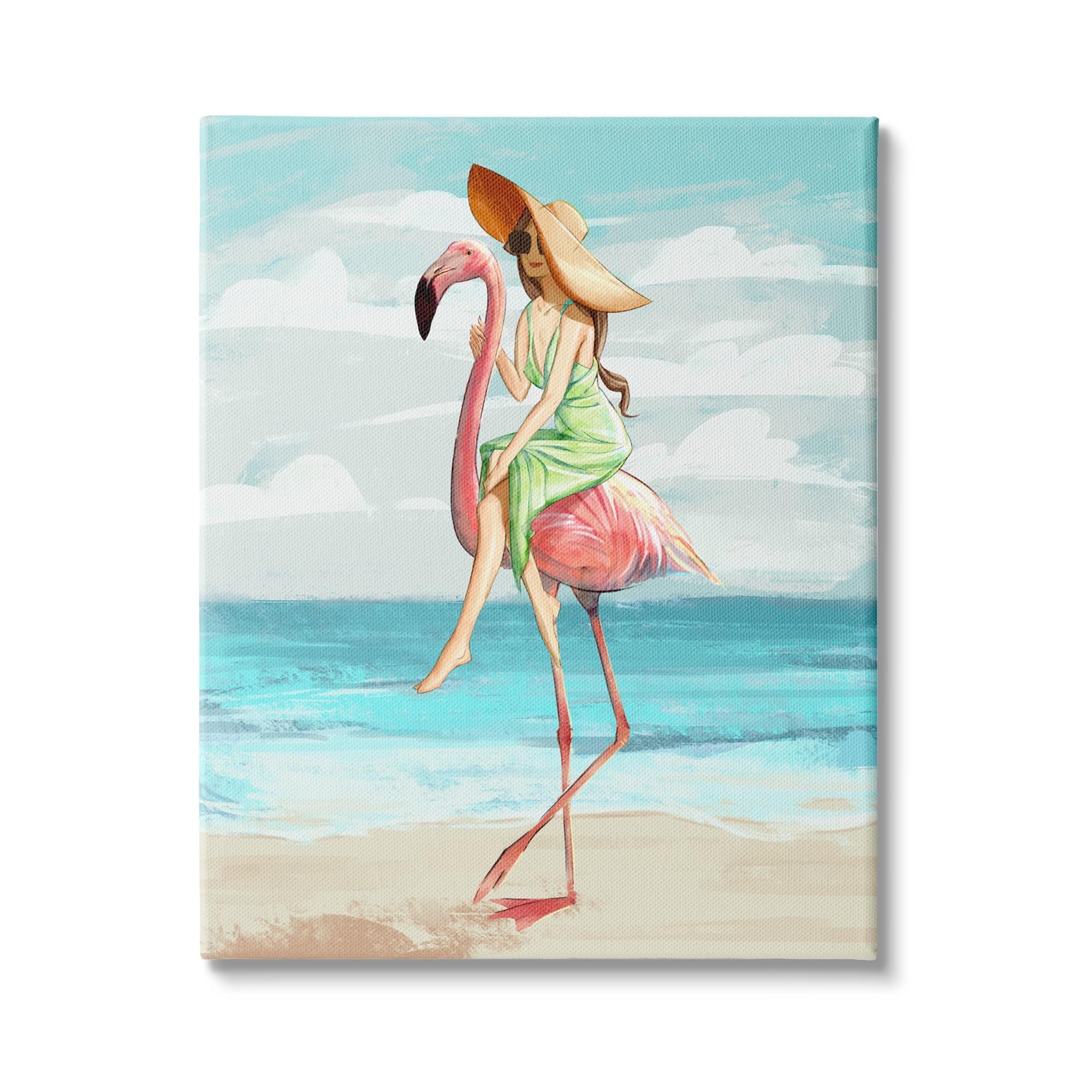 Stupell Industries Beach Woman Riding Pink Flamingo Tall Tropical Bird by Ziwei Li - Painting