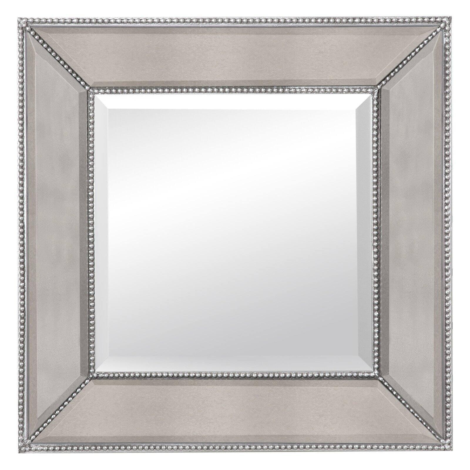 Transitional Beaded Wood Wall Mirror 24" Square in Antique Silver