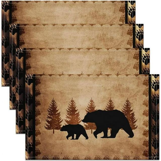 Bear Placemats Set of 4,Wild Animal Table Place Mats,Rustic Cabin Country Nature Wildlife Bear Brown Black Placemat for Kitchen Dining Table Decoration Indoor Outdoor 18"x12"