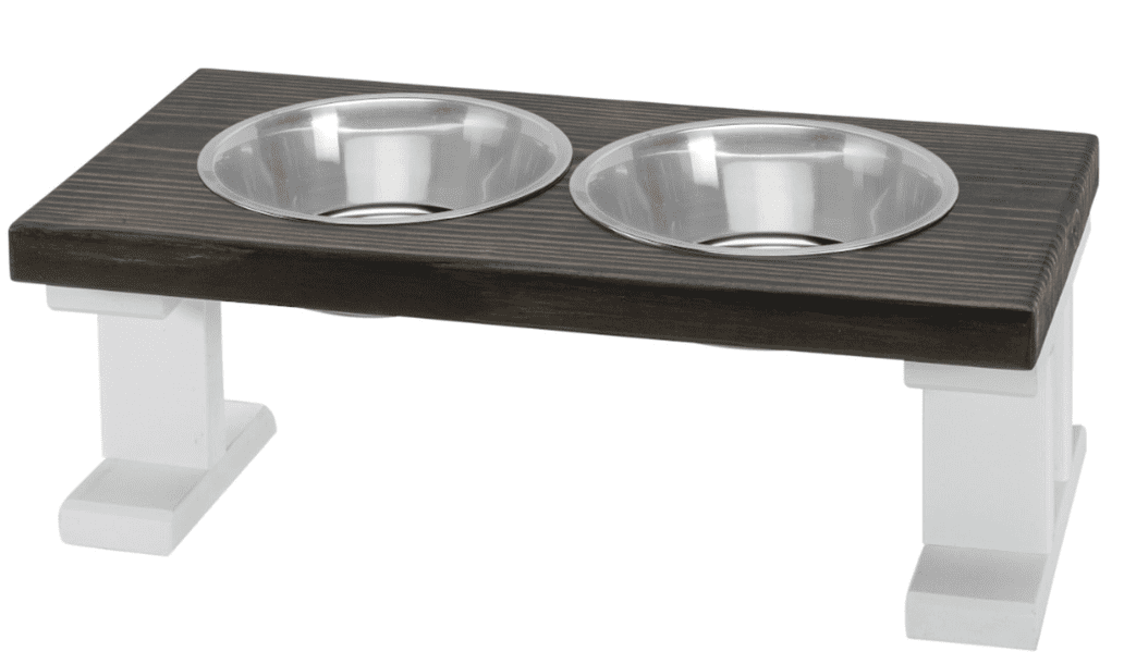 Ebony and White Elevated Wooden Dog Feeder with Stainless Steel Bowls