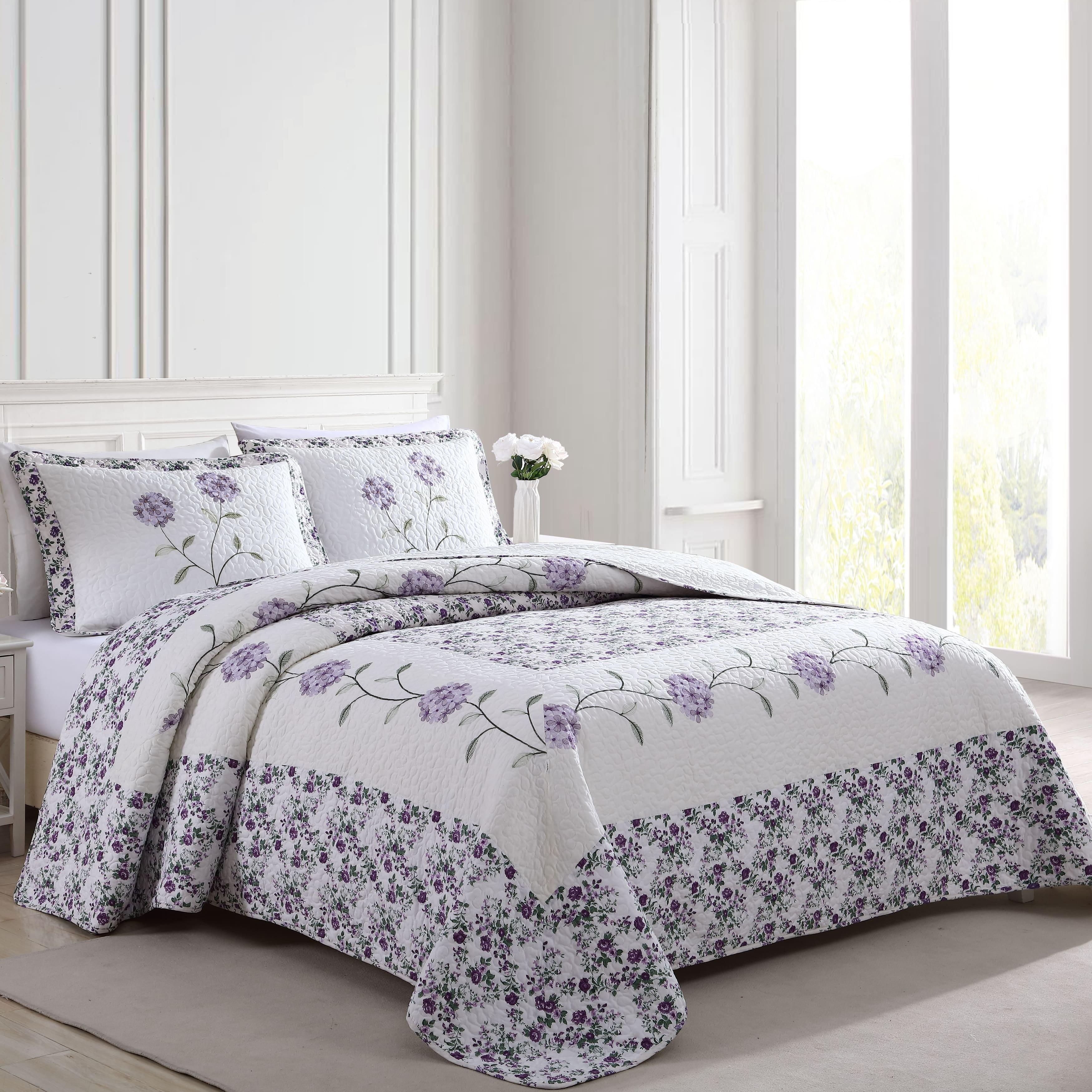 Lavender Floral Embroidered Microfiber King Bedspread Set