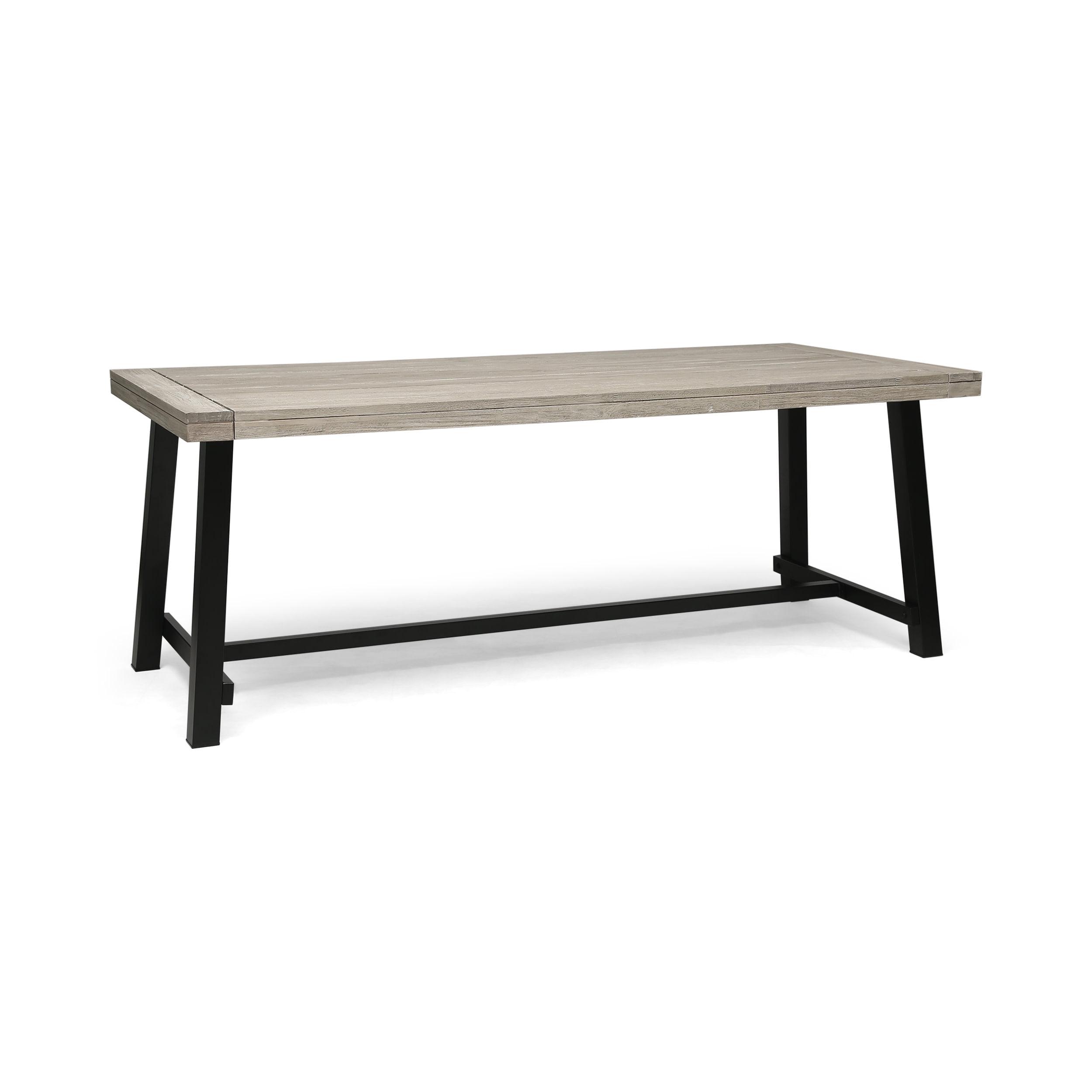 GDFStudio Emersyn Outdoor Acacia Wood and Iron Dining Table with Slat Top, Light Gray/Black