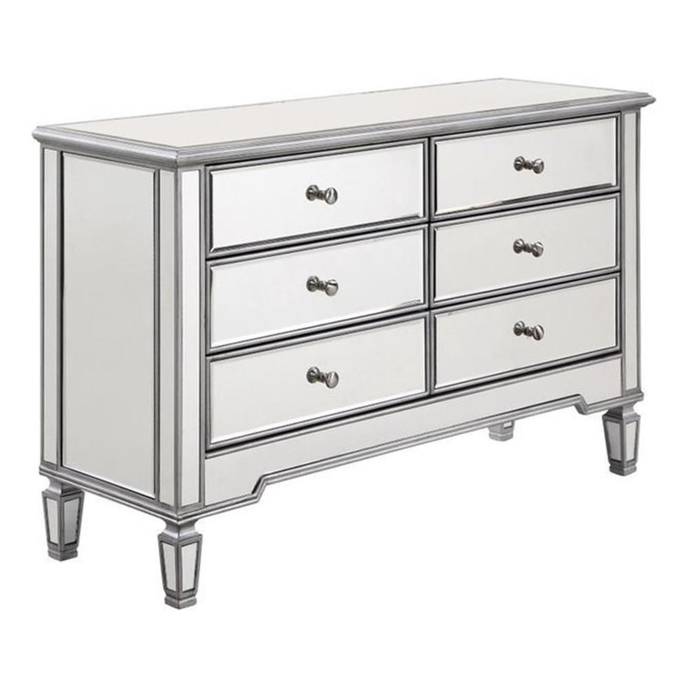 Elegant White Mirrored 6-Drawer Double Dresser with Silver Accents