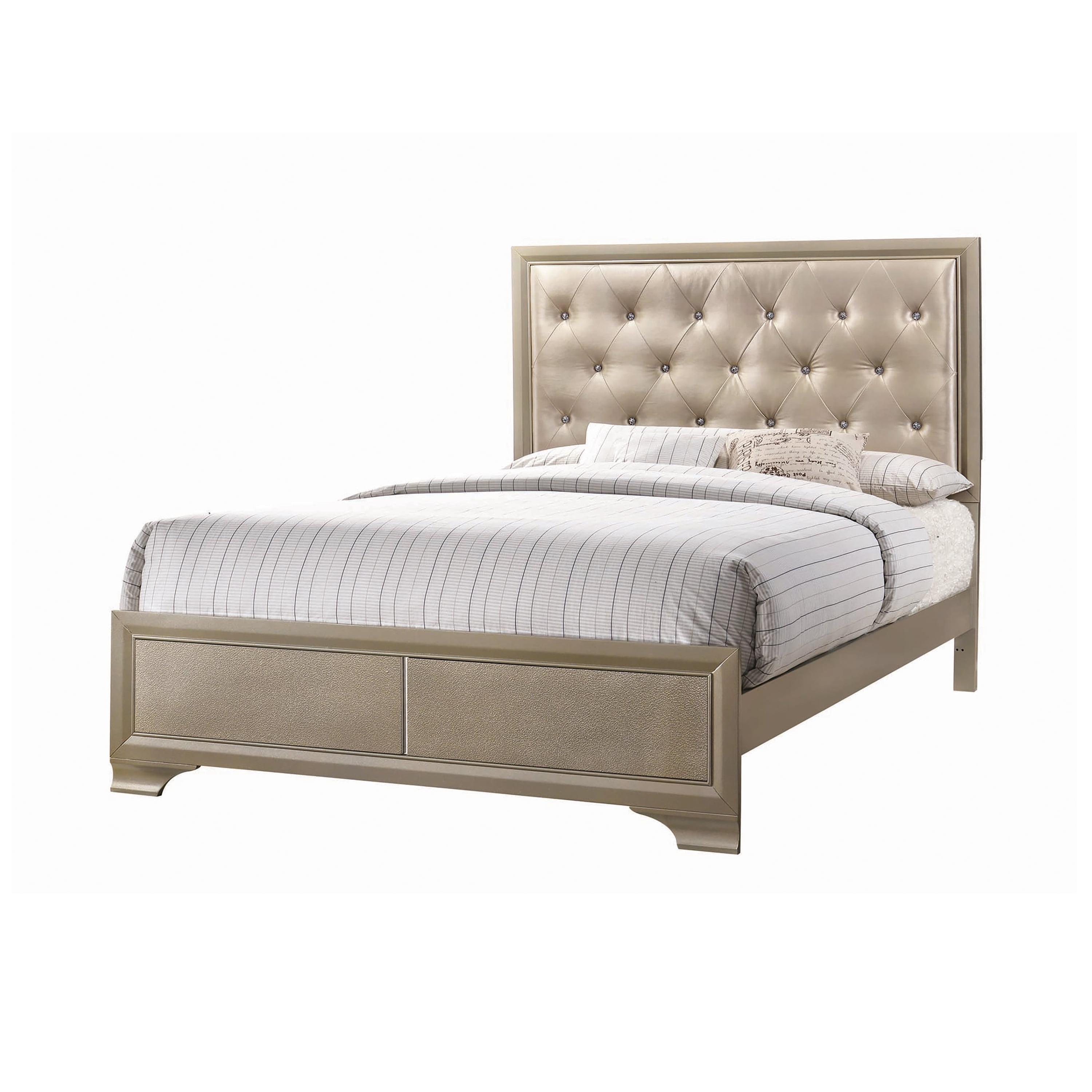 Transitional King Bed with Champagne Gold Faux Leather Tufted Headboard