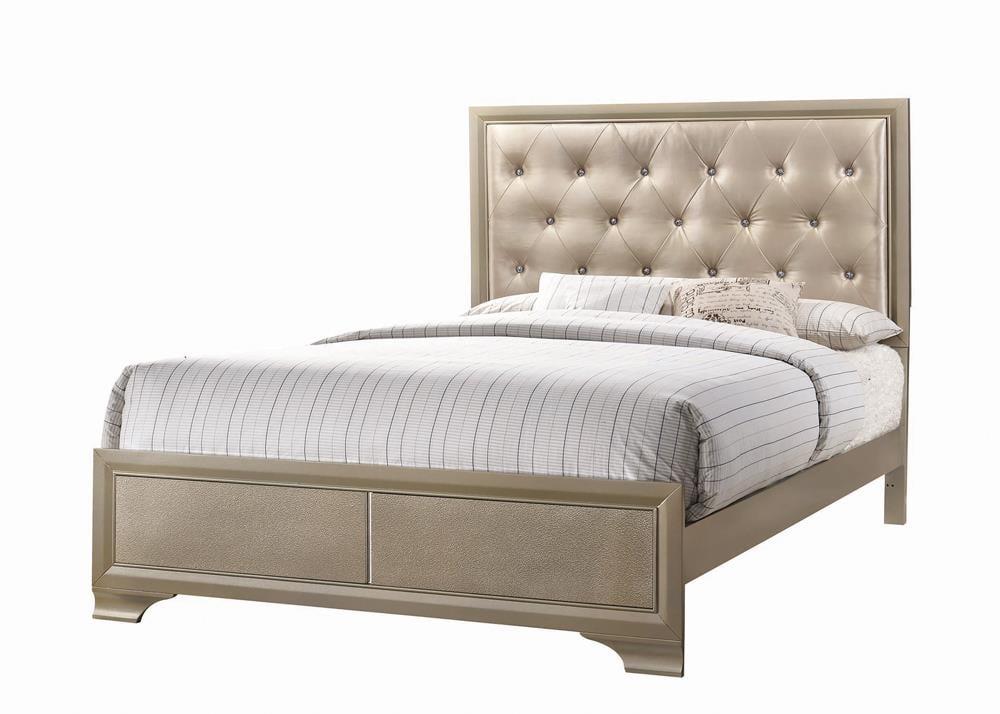 Transitional King Bed with Champagne Gold Faux Leather Tufted Headboard