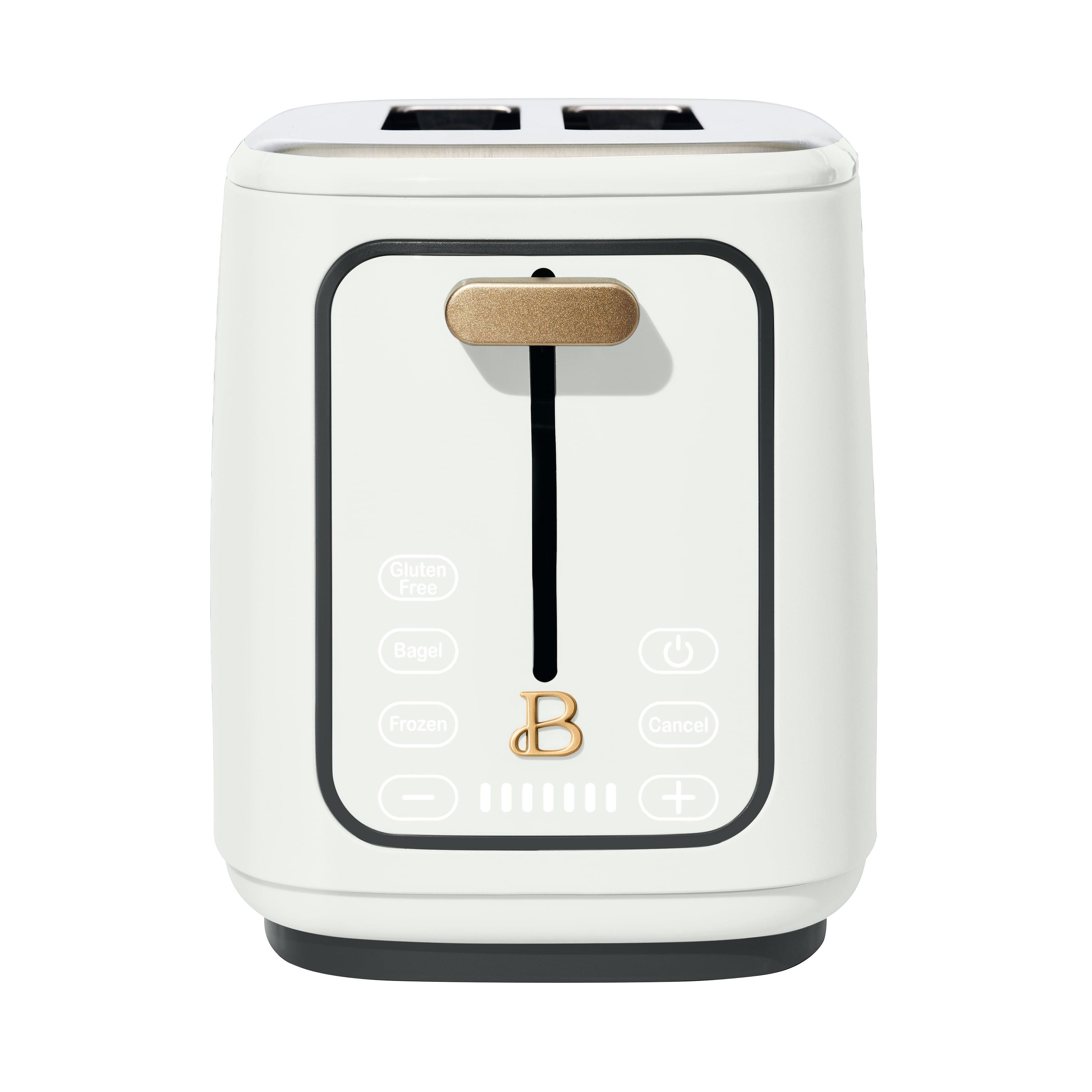 White 2-Slice Toaster with Touch-Activated Display and Gold Accents