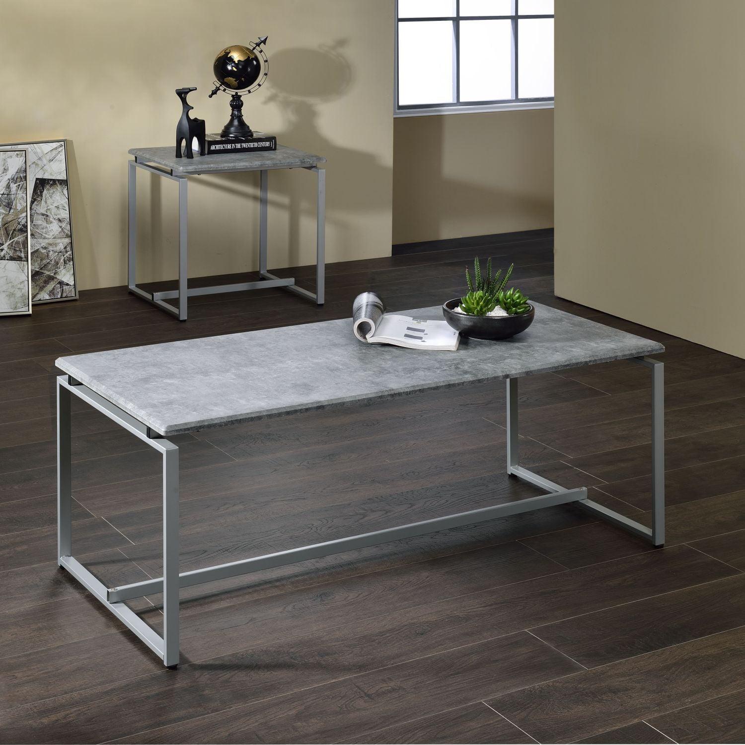 52'' Modern Faux Concrete and Silver Coffee Table Set