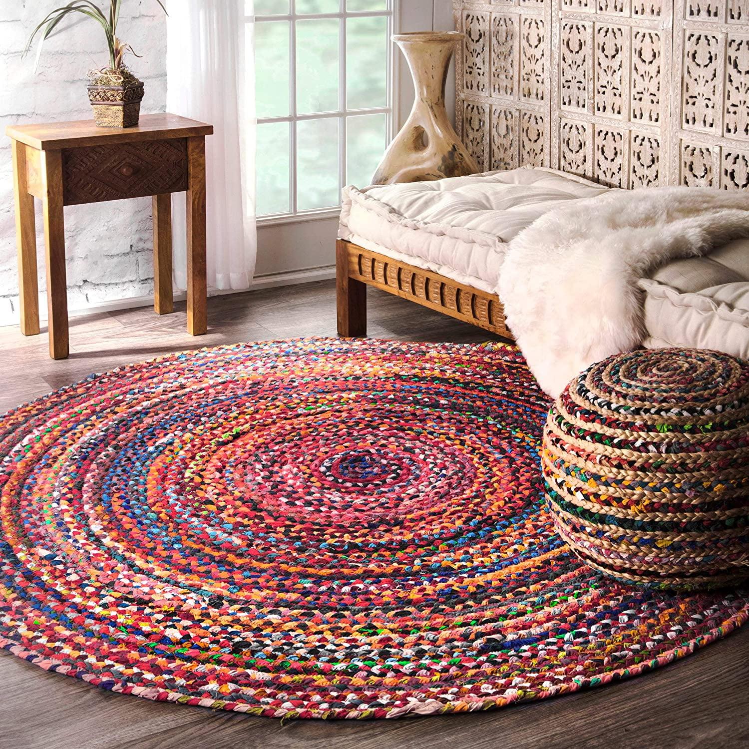 Handmade Bohemian Braided Cotton Round Rug, Blue Stripe, 4' Diameter