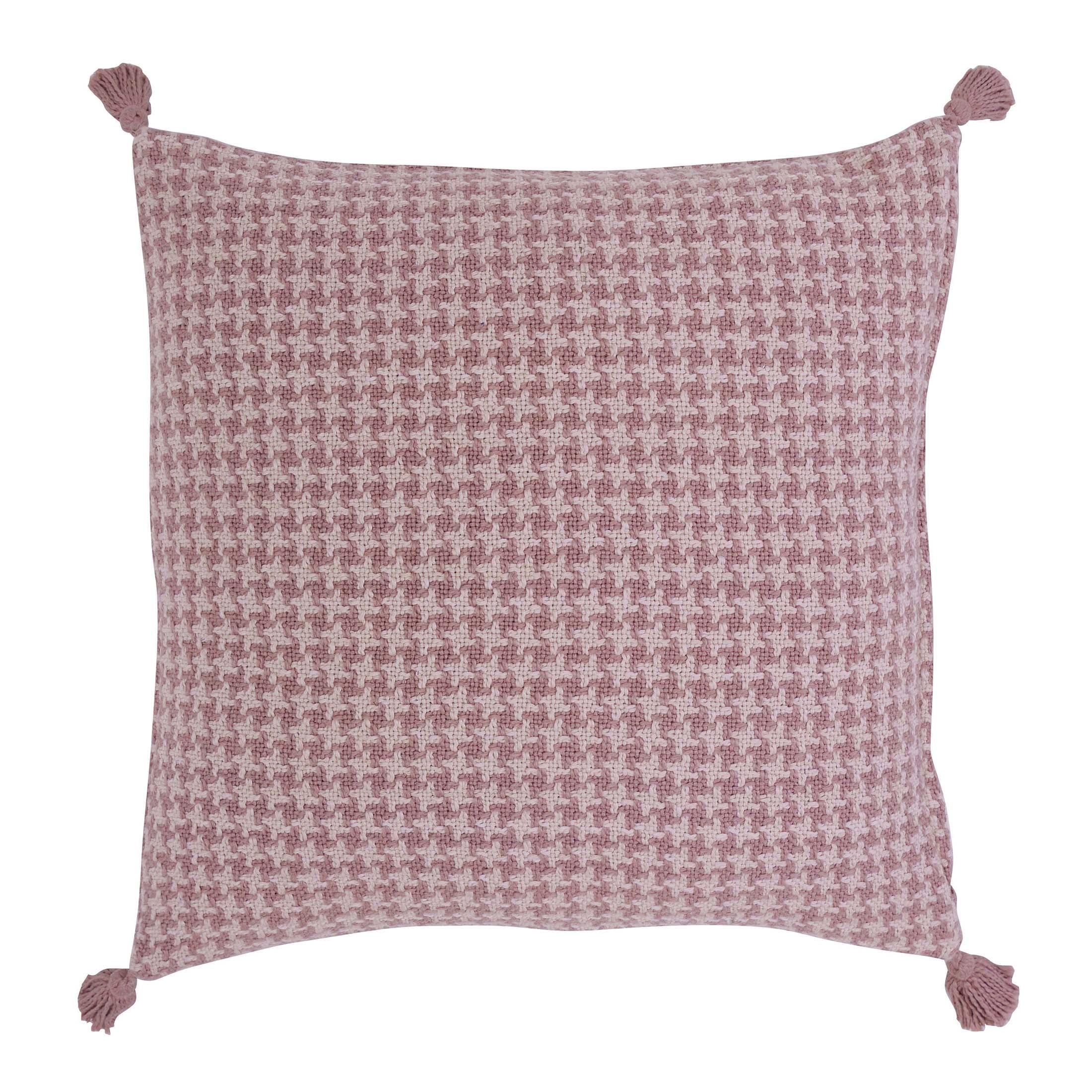 Beautiful Tonal Houndstooth Cotton Slub Decorative Pillow with Tassels by Drew Barrymore, 22" x 22", Rosé Pink