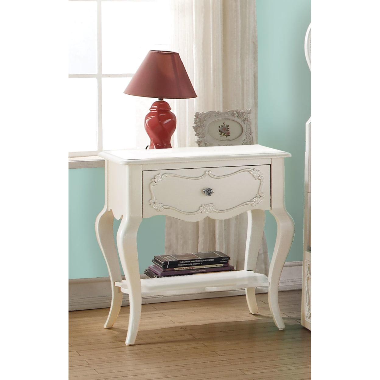 Edalene Pearl White Pine Wood Nightstand with Floral Carving