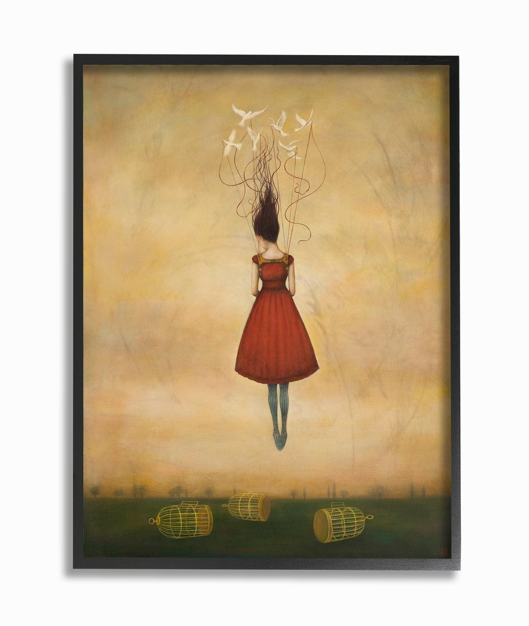 Beauty and Birds in Her Hair Woman in Red Dress Flying Away Framed Texturized Art