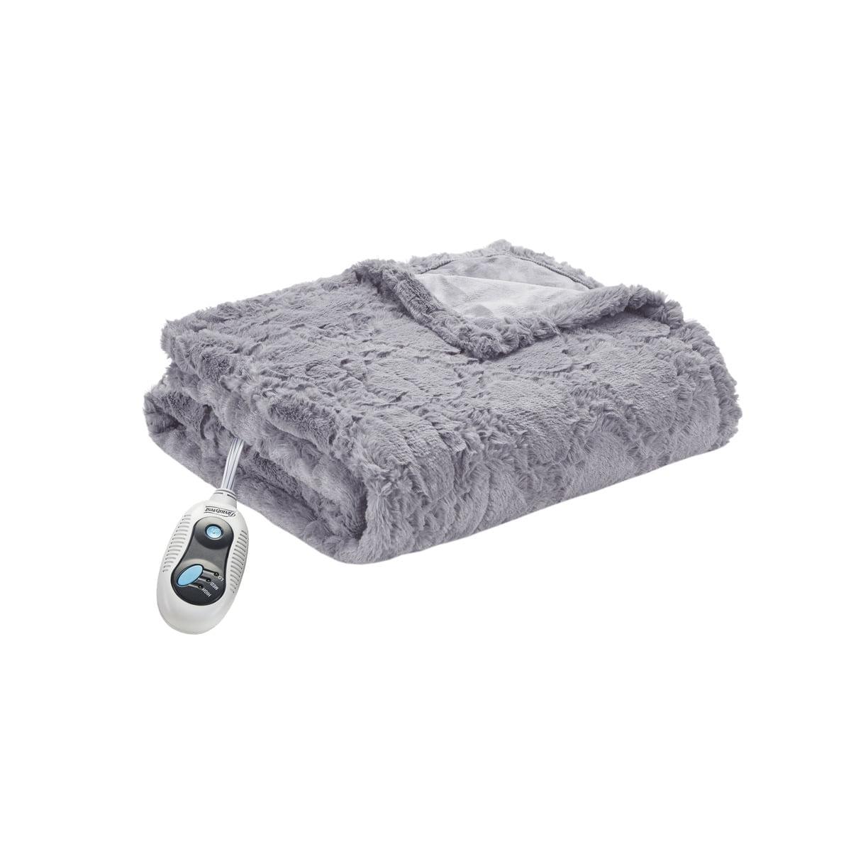 Beautyrest Electric Throw Heated Blanket Brushed Long Faux Fur Gray Oversized 50"x60"