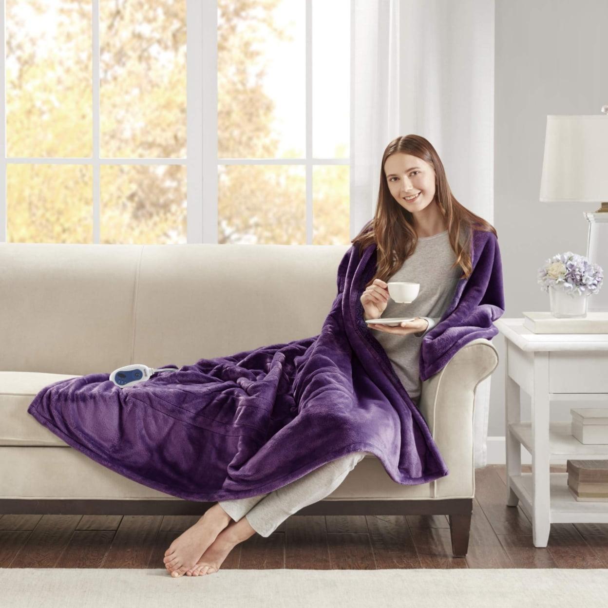 60"x70" Electric Heated Microlight to Berber Throw Blanket Purple: Beautyrest, Lightweight, Machine Washable