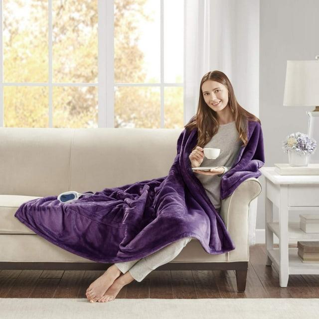 60"x70" Electric Heated Microlight to Berber Throw Blanket Purple: Beautyrest, Lightweight, Machine Washable